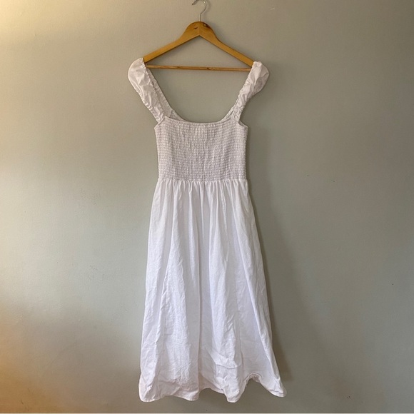 Reformation Tavi 100% Linen White Smocked Ruffle Midi Dress Size Large NWOT - Picture 9 of 10